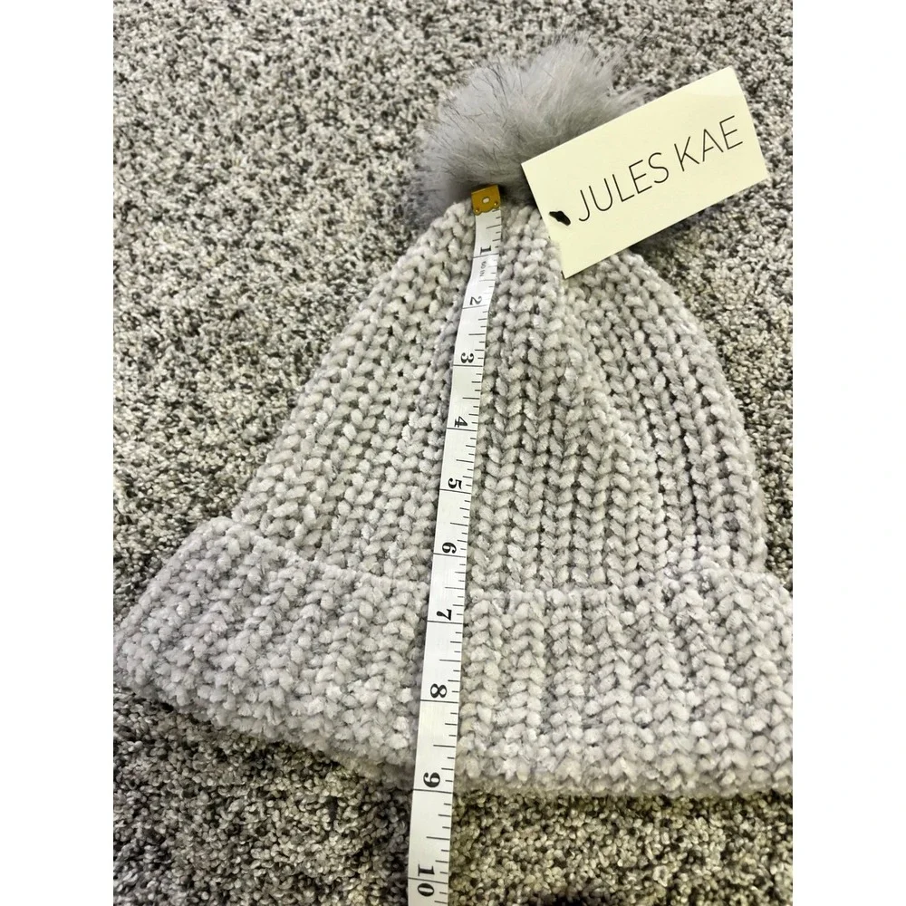 Jules Kae Beanie Pom Pom‎ Hat Womens Grey Knit Faux Fur Recycled Vegan NEW